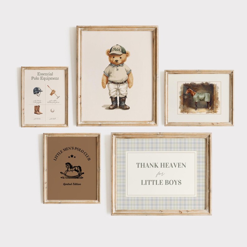 May include: Five framed prints with a polo theme. One print features a teddy bear in polo attire. Other prints include polo equipment, a horse, and text that reads "Thank Heaven for Little Boys" and "Little Men's Polo Club".