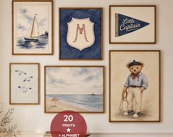 Little Captain Coastal Gallery Wall | Old Money Boy Navy Nursery Prints | 20 Nautical Watercolor Prints + A–Z Alphabet | Printable Download