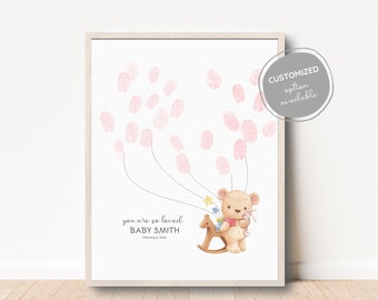 Baby Shower Fingerprint Guest Book Teddy Bear with a Rocking Horse, Thumbprint Poster, Nursery Wall Art, Newborn Gift, Vintage Wall Decor