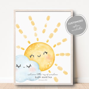 Fingerabdruck-Gästebuch, Babyparty-Gästebuch, Sonnenstrahl und Wolken-Gästebuch, personalisiertes Party-Gästebuch, Babypartygeschenk, rosa Farben, lustiges Spiel
