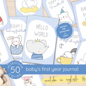 Dusty Blue Baby Meilenstein Karten 1. Jahr, 50 Safari Digitale Baby Karten, Baby Party Geschenk, druckbare Monatskarten Baby Foto Requisiten
