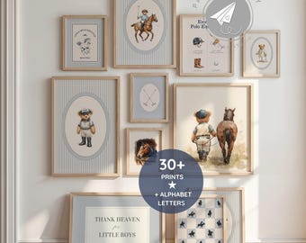 Vintage Polo Drucke, alte Geld-Galerie-Wand Ralph-Teddybär-Baby-Blau, dem Himmel sei Dank für kleine Jungen, es lebe das Knabenalter, Polo-Teddy-Drucke