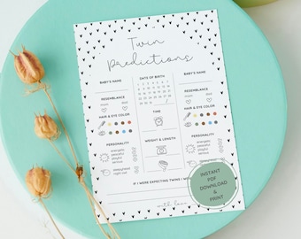Karty do przewidywania narodzin bliźniaków na Baby Shower, karty do zgadywania narodzin bliźniaków Boho, karty do gry na Baby Shower do wydrukowania, gotowe gry na imprezę do pobrania natychmiast