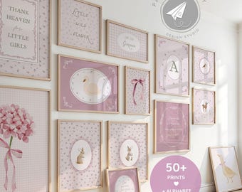 Grandmillennial Kinderzimmer-Galeriewandkunst, Danke dem Himmel für kleine Mädchen, es lebe die Mädchenschaft, Blumenalphabetdrucke, Retro feministische Wandkunst