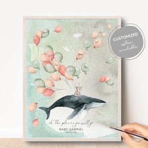 Baby Shower Gästebuch Wasserfarben, Printable Gästebuch Poster, Kinderzimmer Wandkunst, Teddybär & Wal Baby Poster Salbei grün, Name Luftballons