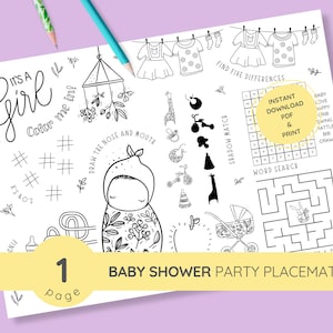 Könnte beinhalten: Ein schwarz-weißes, druckbares Babyparty-Platzset mit einer Vielzahl von Aktivitäten für die Gäste, darunter ein Ausmalbereich, ein Schatten-Suchspiel, ein Wortsuchspiel und ein Labyrinth. Der Text "It's a Girl" befindet sich oben auf der Seite. Der Text "Color me in!" befindet sich neben der Mädchengrafik. Der Text "Find Five Differences" befindet sich über dem Schatten-Suchspiel. Der Text "Instant Download PDF & Print" befindet sich in einem gelben Kasten. Der Text "Word Search" befindet sich über dem Labyrinth. Der Text "Baby Shower Party Placemat" befindet sich unten auf der Seite.