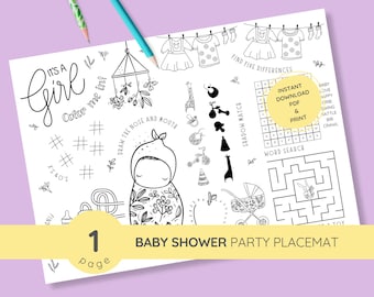 Könnte beinhalten: Ein schwarz-weißes, druckbares Babyparty-Platzset mit einer Vielzahl von Aktivitäten für die Gäste, darunter ein Ausmalbereich, ein Schatten-Suchspiel, ein Wortsuchspiel und ein Labyrinth. Der Text "It's a Girl" befindet sich oben auf der Seite. Der Text "Color me in!" befindet sich neben der Mädchengrafik. Der Text "Find Five Differences" befindet sich über dem Schatten-Suchspiel. Der Text "Instant Download PDF & Print" befindet sich in einem gelben Kasten. Der Text "Word Search" befindet sich über dem Labyrinth. Der Text "Baby Shower Party Placemat" befindet sich unten auf der Seite.