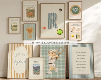 Tennis Nursery Gallery Wall, Polo Teddy Bear Prints, Vintage Green Boy Room Decor, Grand Slam Tennis Posters, Tennis Poster Wimbledon
