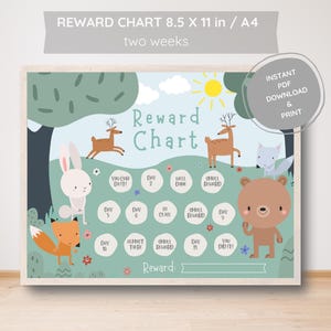 Tableau de récompense adorables créatures des bois pour enfants, système de récompense animaux de la forêt pour enfants, apprentissage amusant, tableau de suivi des progrès