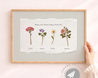 Custom Birth Month Flower Print Mom, Vintage Birth Flower Print, Herbarium Botanical Wall Art, Family Birth Flower Art, Mother’s Day Gift