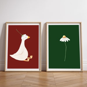 Conjunto de carteles de ganso tonto y margarita, arte de pared de Borgoña verde oscuro, cartel de vivero de ganso tonto, ilustración de la habitación de los niños decoración de la guardería de moda