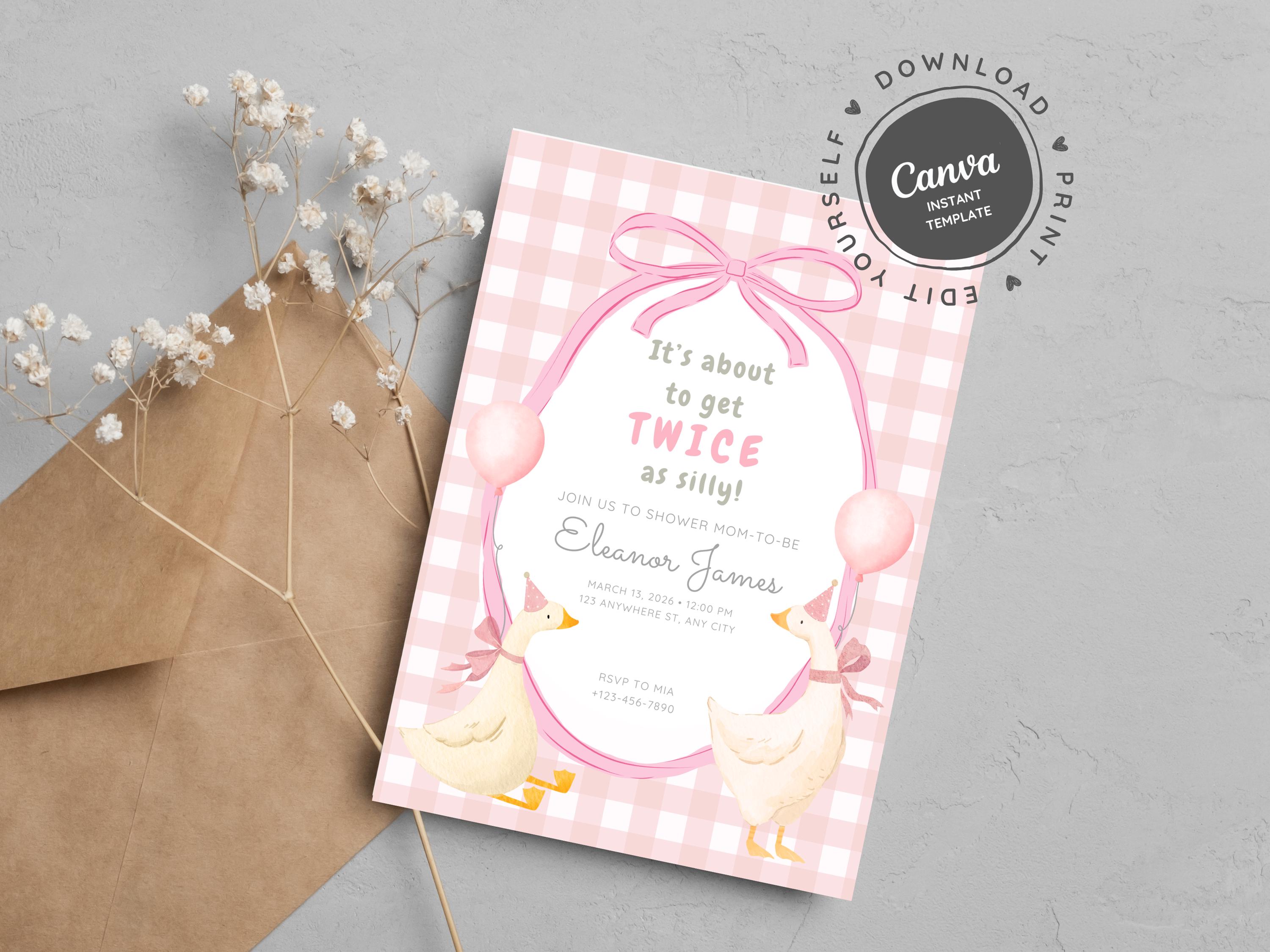 Silly Goose Twin Baby Shower Invitation, Editable Twin Shower ...