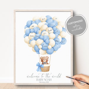 Teddybär-Gästebuch Poster Süßer personalisierter Babyparty-Gästebuch-Ballon-Teddybär im Heißluftballon-Wand-Kunst-Namensschild-Gästebuch