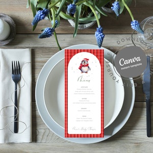 May include: A printable Christmas menu template featuring a penguin wearing a red scarf and hat. The menu is on a red and white plaid background with a white border. The text "Menu" is at the top of the page, followed by a list of appetizers, entrees, desserts, and drinks. The bottom of the page says "Polar's Baby Penguin's Feast".