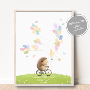 Libro de visitas de huellas dactilares, globos de huellas dactilares de erizo de baby shower, baby shower de primavera, libro de visitas de fiesta personalizado, baby shower divertido