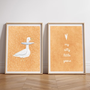 Arte de pared de Silly Goose, póster de ganso naranja quemado, arte de pared de guardería de Silly Goose con pintura de cal, arte para habitación de niños, impresión de guardería, 2 pósteres