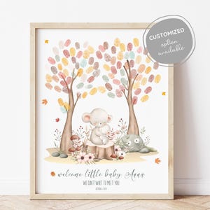Personalized Mouse Fingerprint for Autumn Baby Shower Wall Art Guestbook Fall Leaves Memory Book Woodland Animals Mom&Baby Mouse Art Print