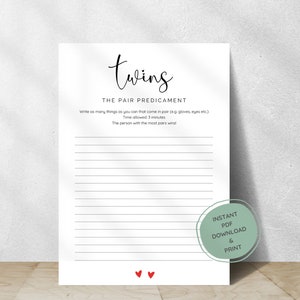 Paire de cartes de situation pour baby shower, cartes de jeu minimalistes pour bébés jumeaux, jeu imprimable pour baby shower, jeu de fête coeurs, téléchargement immédiat