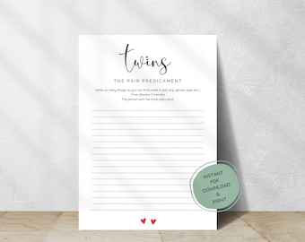 Karty do gry Twin Baby Shower Pair Predicament, Minimalistyczne karty do gry Twin Babies, Gra do druku Baby Shower, Gra imprezowa Hearts, Natychmiastowe pobieranie