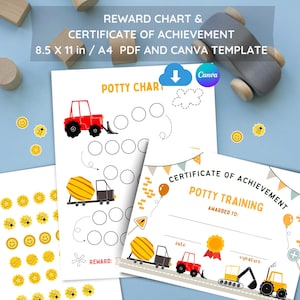 May include: A reward chart and certificate of achievement template with the text "POTTY CHART" and "POTTY TRAINING". The design includes illustrations of construction vehicles and smiley face stickers. The template is 8.5 x 11 inches.