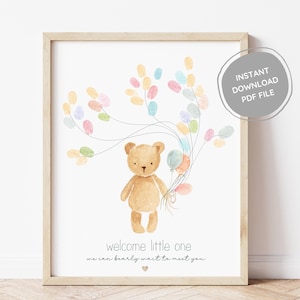Teddybär Fingerabdruck Gästebuch, Herbst-Babyparty Aquarell Bär Poster, Alternative Gästebuch Baby Bär, Instant Download Fingerabdruck