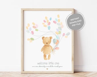 Teddy Bear Fingerprint Guest Book, Autumn Baby Shower Watercolor Bear Poster, Alternative Guest Book Baby Bear, Instant Download Thumbprint