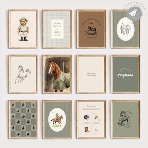 May include: A collection of framed art prints with a vintage aesthetic. The prints feature equestrian themes, including horses, polo equipment, and a teddy bear. Some prints include text such as "Thank Heaven for Little Boys" and "Little Men's Polo Club."