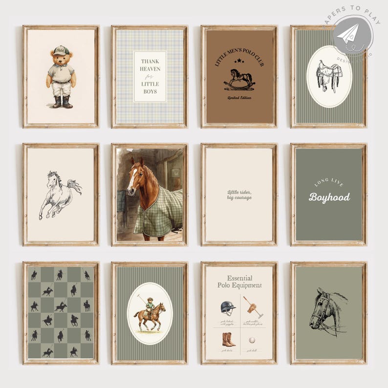 May include: A collection of framed art prints with a vintage aesthetic. The prints feature equestrian themes, including horses, polo equipment, and a teddy bear. Some prints include text such as "Thank Heaven for Little Boys" and "Little Men's Polo Club."