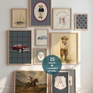 May include: A gallery wall of framed prints with a vintage theme. The prints depict classic cars, sailboats, teddy bears in preppy outfits, tennis rackets, and polo players. The colour scheme includes blues, reds, and beige, with the text "25 PRINTS + ALPHABET LETTERS".