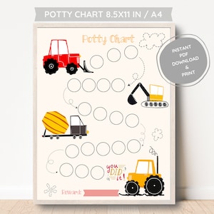 Bagger Töpfchen Diagramm, niedliche Fahrzeuge Belohnungstabelle für Kleinkinder, Toiletten Training Diagramm, druckbare Töpfchen für Jungen Traktor Print