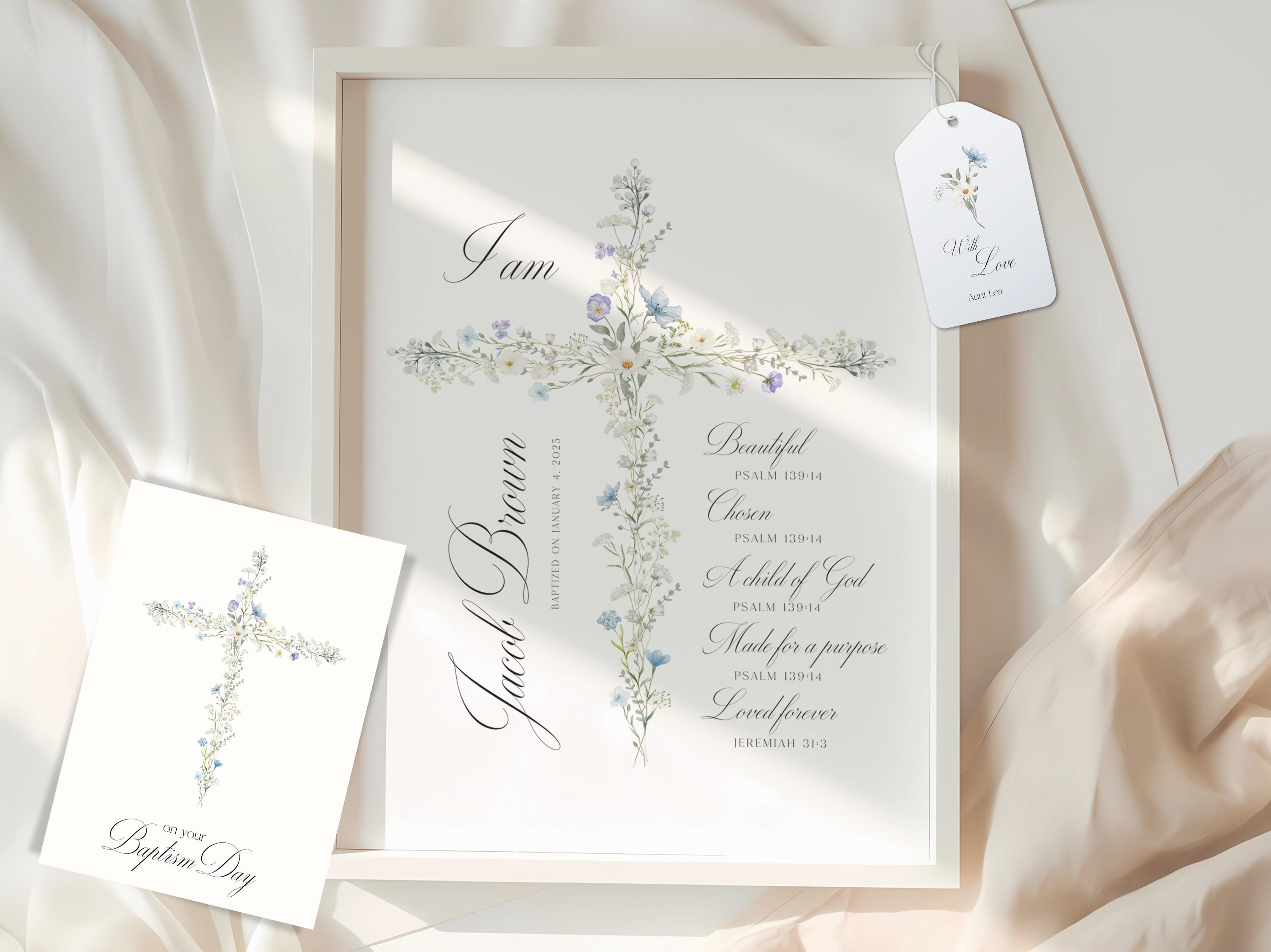 Wildflower Cross Baptism Wall Art: Personalized Christian Nursery Decor, Modern Christian Wall Art, Customized Dedication Gift