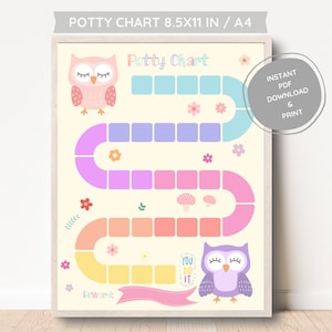 May include: A printable potty training chart featuring a colorful path with a pink owl at the start and a purple owl at the end. The chart includes the text "Potty Chart", "Reward", and "You Did It!"