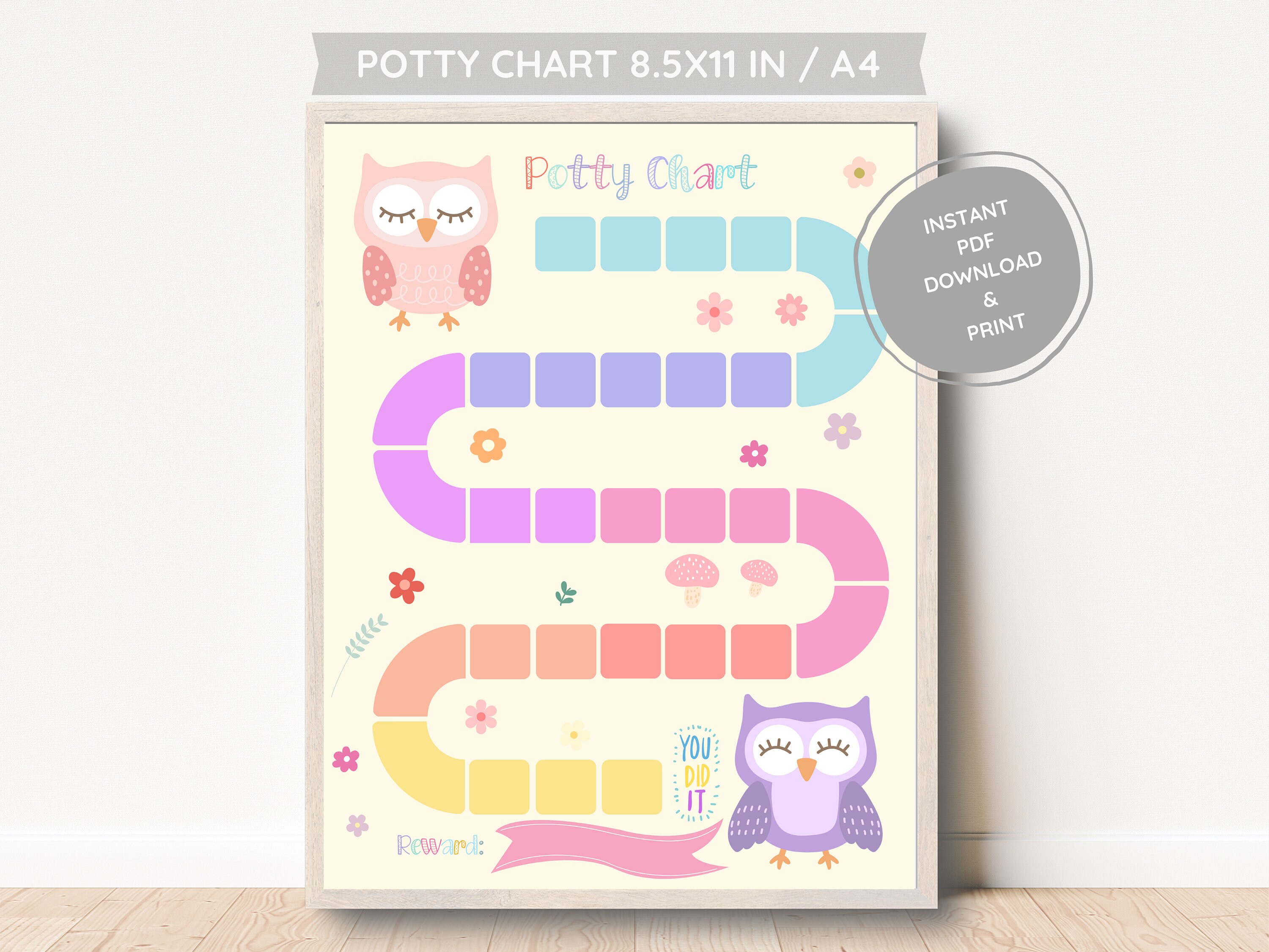 Rainbow Potty Chart Owl Reward Chart for Toddlers Toilet Training Chart Instant Download Pastel Colors Reward Chart Cute Kawaii Wall Art Kid