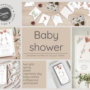 Può includere: Decorazioni per baby shower stampabili con un'illustrazione ad acquerello di due coniglietti che tengono palloncini rosa e rossi. Il testo "Double the Fun, It's twin girls!" è incluso nell'invito e nel cartello di benvenuto. Le decorazioni sono in stile cottagecore con una combinazione di colori rosa e verde.