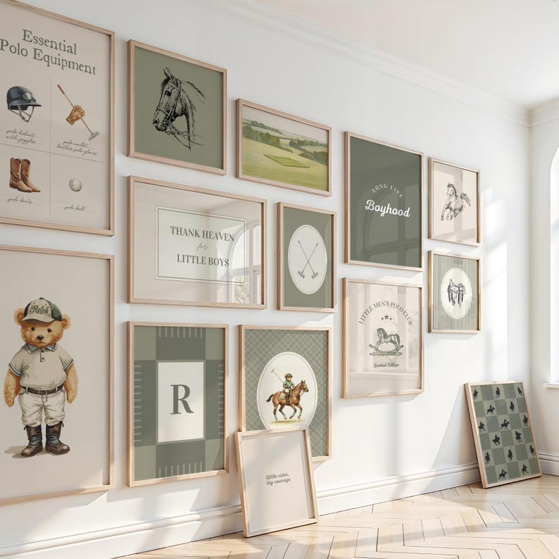 May include: A collection of framed art prints in a variety of sizes, featuring polo-themed illustrations and text. The color palette includes shades of green, beige, and brown. The prints depict polo equipment, horses, landscapes, and text such as "Thank Heaven for Little Boys."