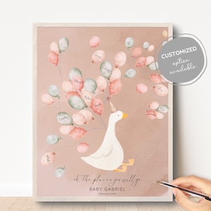Libro de visitas de baby shower, ganso tonto con globos, póster creativo del libro de visitas, arte de la pared de la guardería, signo de nombre, cartel de bebé de ganso de oro rosa