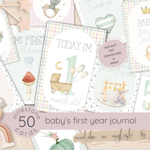 Cottagecore Meilensteinkarten Digital, Babys 1. Jahr Journal 50 Karten, Unisex Babypartygeschenk, Baby Foto Requisiten, Meilensteinkarte druckbar