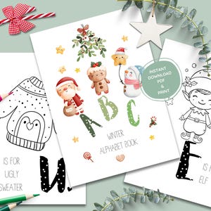 Printable Santa ABC Coloring Book for Kids, Xmas Crafts Winter Coloring Book, 27 Pages Color-In Christmas ABC Motives, Baby's 1st Xmas Book