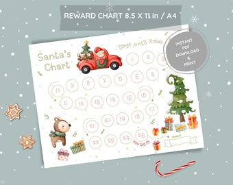 December Reward Chart for Kids, 25 Days of Christmas Fun Santa&#39;s Behavior Chart, Festive Winter Reward Chart 25-Days Xmas Tree & Gift Chart