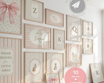 Rosa Galerie- Danke Himmel für kleine Mädchen, Rosa Rosen-Wand-Kunst-Poster-Paket, Blumen-Initiale - antikes Alphabet-Drucke + antikes Häschen