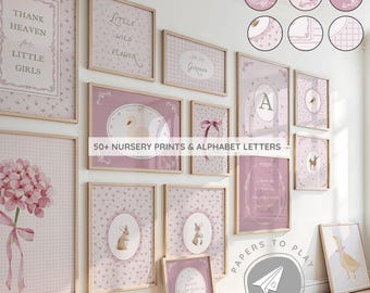 Grandmillennial Nursery Gallery Wall Art, Thank Heaven for Little Girls, Long Live Girlhood, Floral Alphabet Prints, Retro Feminist Wall Art