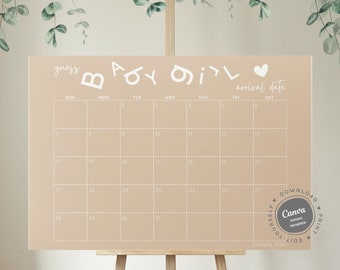 Könnte beinhalten: Ein beiger druckbarer Kalender mit den Worten "guess baby arrival date" und einem Herzen. Der Kalender ist für Januar 2024 und die Wochentage sind beschriftet.