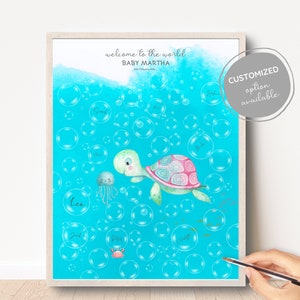 Livro de visitas do Seaworld, impressão de livro de visitas de chá de bebê, arte de parede de berçário marinho, placa de nome, pôster de chá de bebê de tartaruga marinha, impressão infantil turquesa