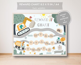 May include: A printable reward chart for kids featuring a construction theme. The chart has a winding road with 15 circles, each with a different day of the week and a reward phrase. The chart is 8.5 inches by 11 inches and is designed for two weeks. The chart includes a yellow excavator, a yellow dump truck, and a cement mixer.