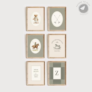 May include: Six framed prints with a vintage aesthetic. The prints feature illustrations of a teddy bear, polo mallets, a polo player on horseback, a rocking horse, text that reads "Thank Heaven for Little Boys", and the letter "Z".