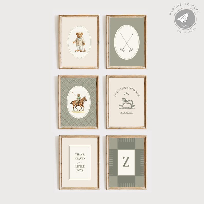 May include: Six framed prints with a vintage aesthetic. The prints feature illustrations of a teddy bear, polo mallets, a polo player on horseback, a rocking horse, text that reads "Thank Heaven for Little Boys", and the letter "Z".