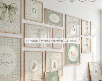 Sage Green Gallery Thank Heaven for Little Girls, Grandmillennial Nursery, Floral Initial - Antique Alphabet Prints + Bunny Posters GIFT