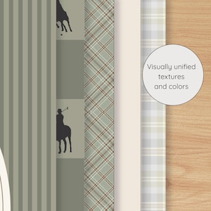 May include: A collection of patterned papers with a variety of textures and colors. The designs include vertical stripes, a polo player silhouette, plaid, and a light-colored check pattern. The text "Visually unified textures and colors" is in a white circle.