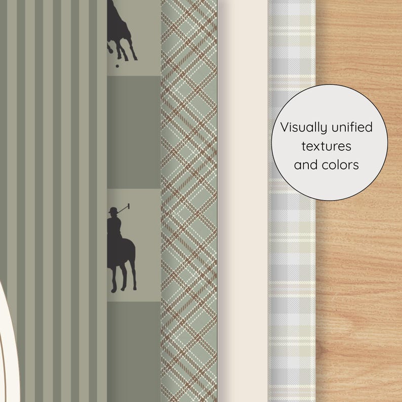 May include: A collection of patterned papers with a variety of textures and colors. The designs include vertical stripes, a polo player silhouette, plaid, and a light-colored check pattern. The text "Visually unified textures and colors" is in a white circle.
