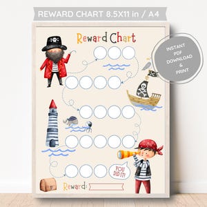 May include: A printable reward chart featuring a pirate theme. The chart has a path with circles to colour in as rewards are earned. The chart includes a pirate ship, a lighthouse, a seagull, and a pirate holding a telescope. The text "Reward Chart" and "You Did It!" are included on the chart. The text "Instant PDF Download & Print" is in a grey circle in the top right corner.